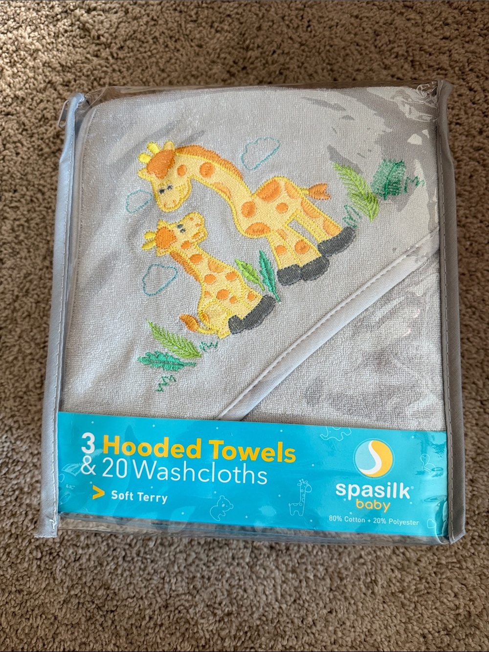 Spasilk Baby Gray Hooded Towel with Giraffe Embroidery